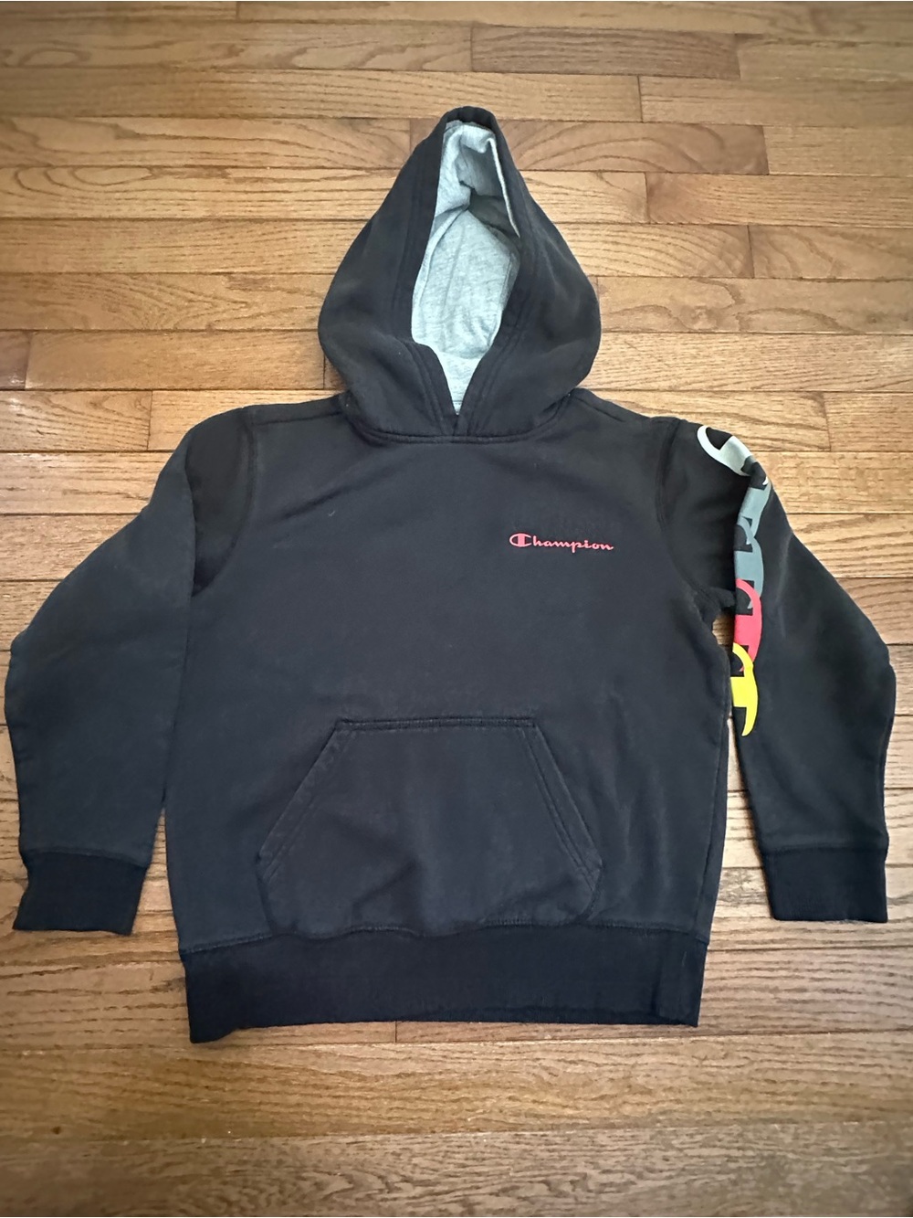 Champion Black Hoodie with Multicolor Sleeve Logos